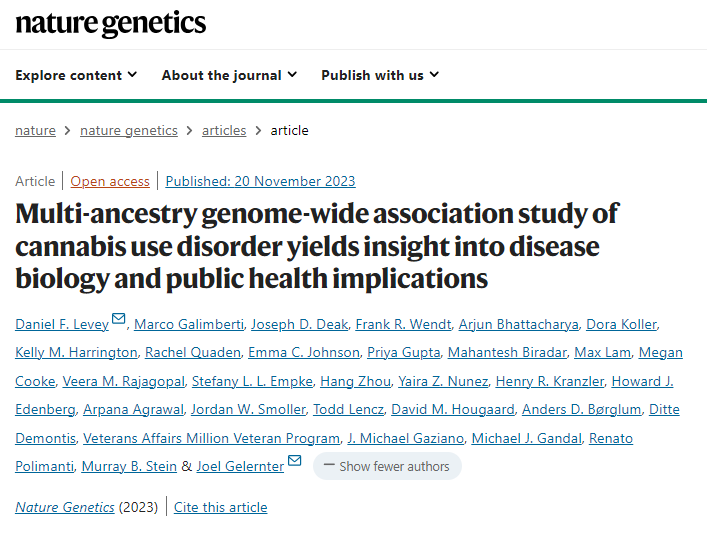 Our new study of cannabis use disorder (N&gt;1,000,000) led by <a href="/dflevey1/">Dan Levey</a> is now online at <a href="/NatureGenet/">Nature Genetics</a>. 

Article here:
go.nature.com/49Nj1Ou

Sumstats will be made available here:
- dbGAP (bit.ly/47kgf1u)
- Gelernter Lab Webpage (bit.ly/3ETJWJU)