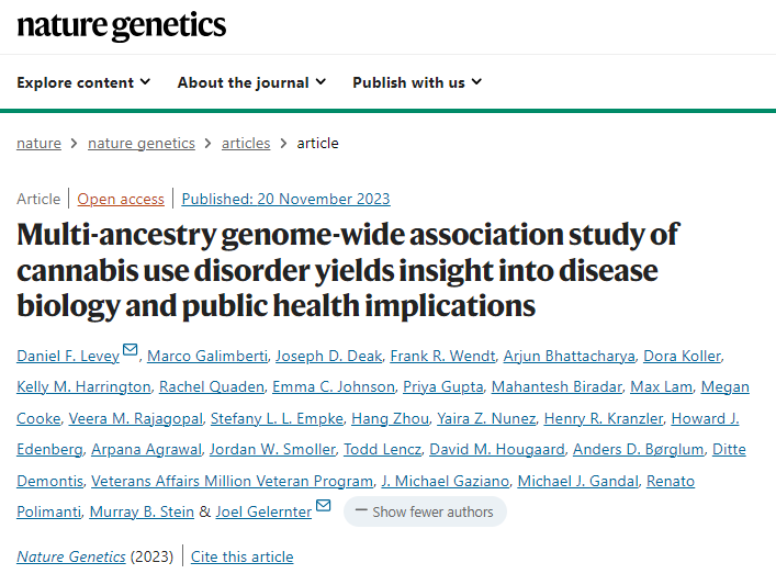 Our new study of cannabis use disorder (N>1,000,000) led by @dflevey1 is now online at @NatureGenet. Article here: go.nature.com/49Nj1Ou Sumstats will be made available here: - dbGAP (bit.ly/47kgf1u) - Gelernter Lab Webpage (bit.ly/3ETJWJU)