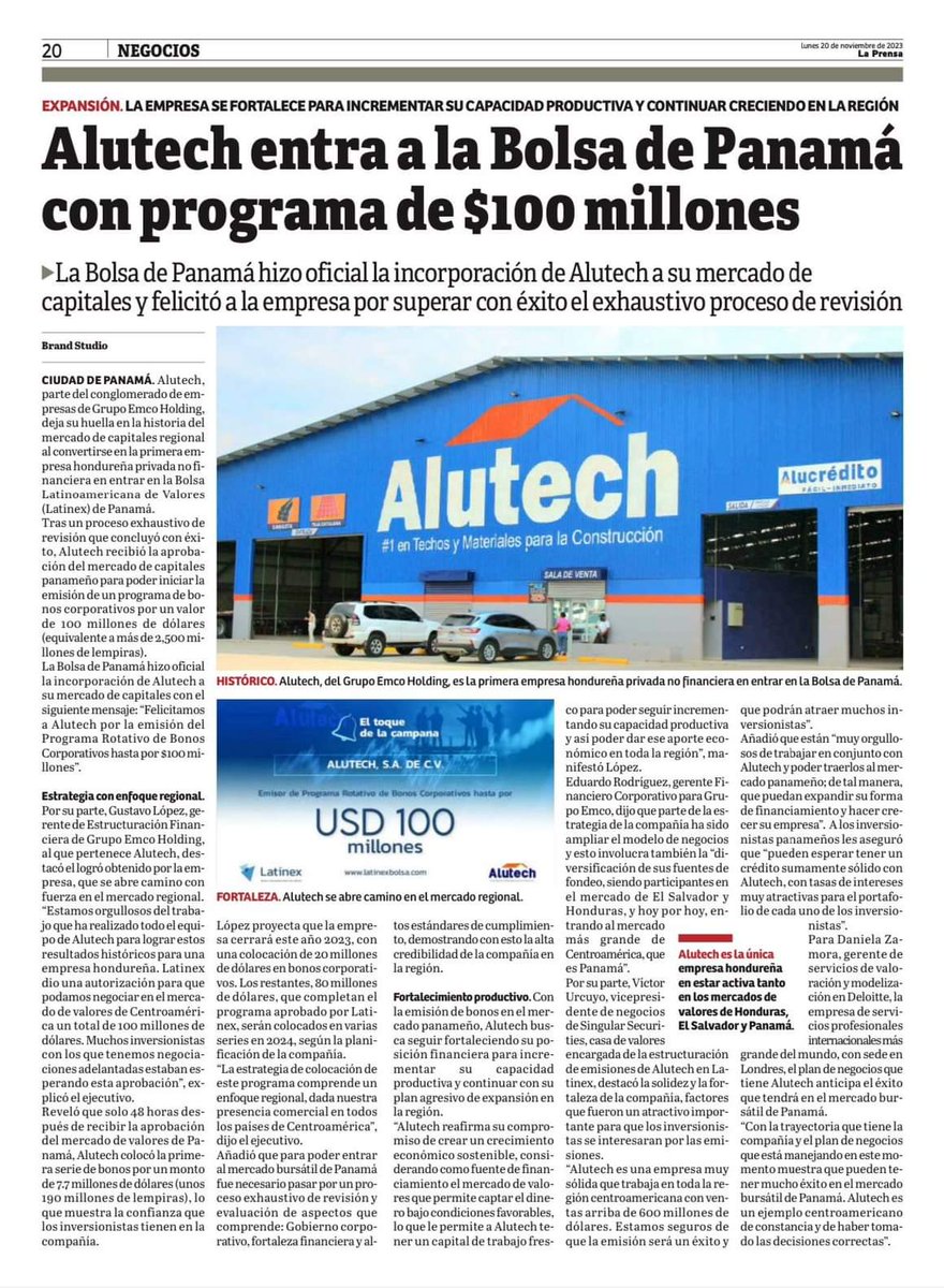 EmcoHolding_'s tweet photo. ✅ Alutech hace historia al entrar a la Bolsa de Panamá con programa de $100 millones

La Bolsa de Panamá hizo oficial la incorporación de Alutech a su mercado de capitales y felicitó a la empresa por su logro al superar con éxito el exhaustivo proceso de revisión.

#Alutech https://t.co/SBFRfz8JtX