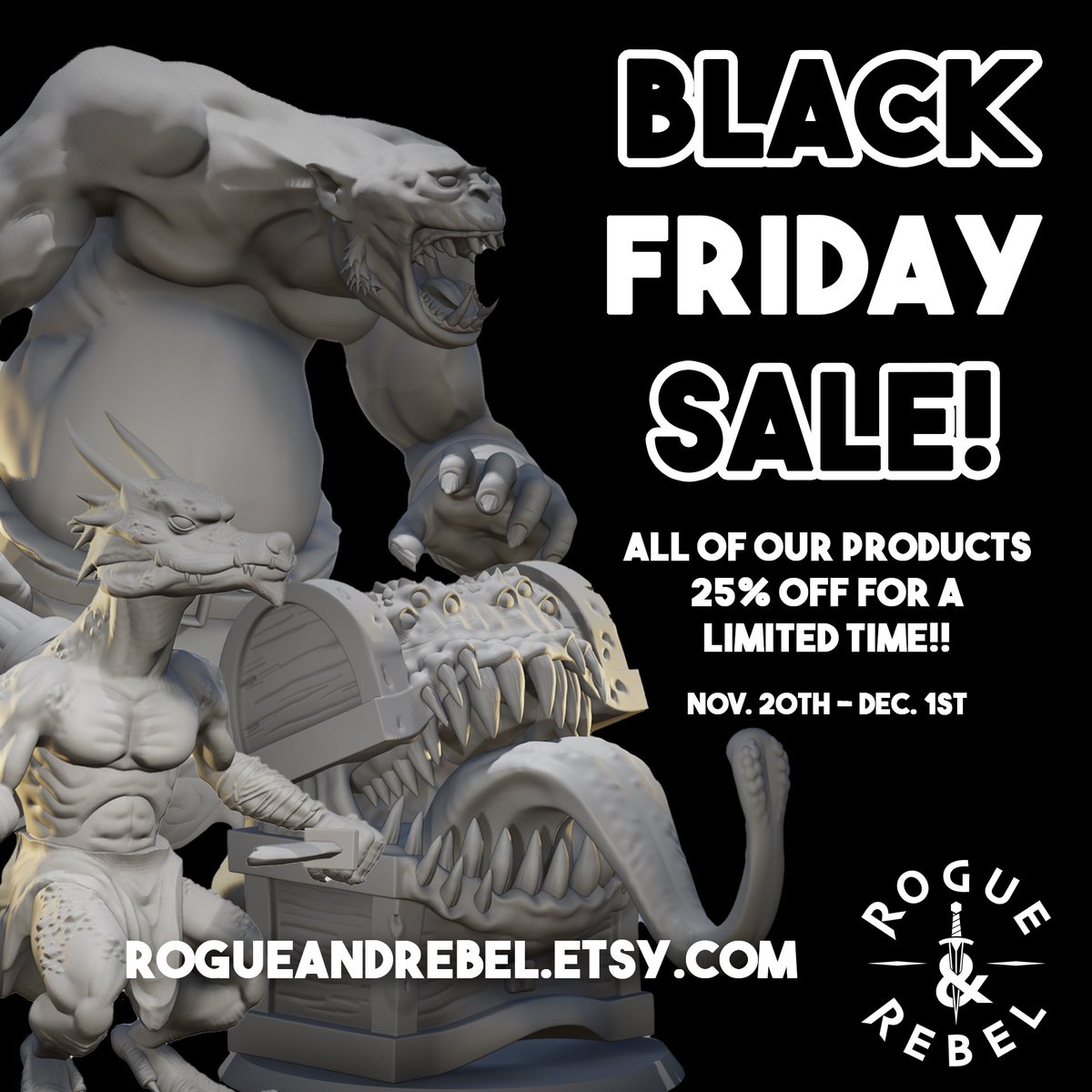 RogueRebelGames's tweet photo. STARTING TODAY!! All of our products on Etsy are 25% off! Treat yourself or the TTRPG player you know to some handcrafted sharp edge resin dice or some D&amp;D 5e inspired monster miniatures!! Sale ends Dec. 1st!

shop now: https://t.co/8ipE4ifUMJ https://t.co/phZ7UbvvCZ