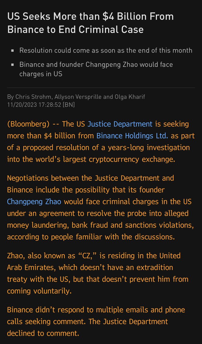 Emily Nicolle (@emilyjnicolle) on Twitter photo breaking: the DoJ is seeking more than $4bn from Binance in a resolution to its years-long investigation. CZ faces possible criminal charges.
scoop by <a href="/cstrohm/">Chris Strohm</a> <a href="/allyversprille/">Ally Versprille</a> & <a href="/olgakharif/">Olga Kharif</a> on Terminal now ๐ breaking: the DoJ is seeking more than $4bn from Binance in a resolution to its years-long investigation. CZ faces possible criminal charges.
scoop by <a href="/cstrohm/">Chris Strohm</a> <a href="/allyversprille/">Ally Versprille</a> & <a href="/olgakharif/">Olga Kharif</a> on Terminal now ๐