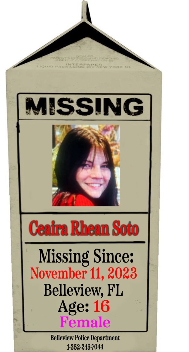 P_MilkCarton's tweet photo. π¨π¨π¨ MISSING CHILD π¨π¨π¨
Ceaira Rhean Soto
Age: 16
Missing Since: 11/11/23
#Belleview, #Florida
Please Call If You Have Information:
Belleview Police Department
1-352-245-7044
#ProjectMilkCarton
#MissingChildren
#BringThemHome https://t.co/hquSeIUBsQ