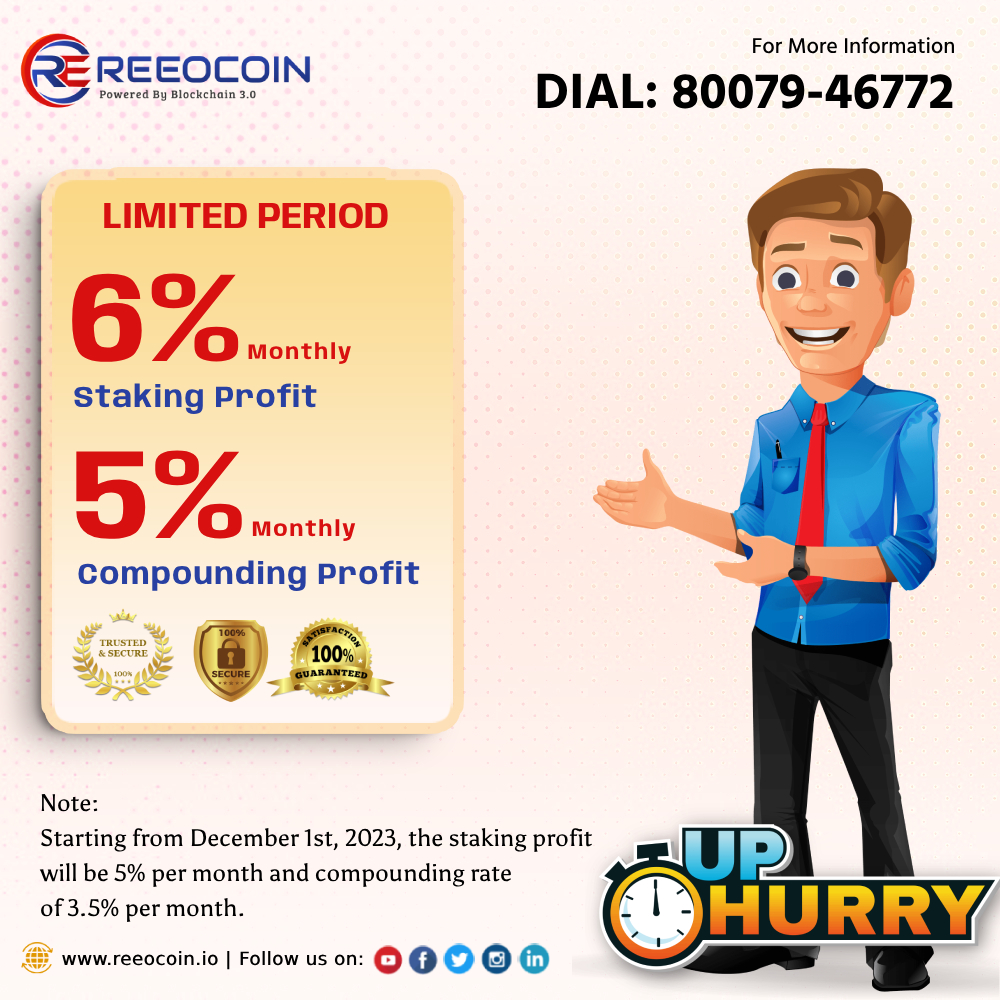 reeocoinlive's tweet photo. 6% Monthly Staking Profit and 5% Compounding Profit Monthly in REEO.
Note:
Starting from December 1st, 2023, the staking profit will be 5% per month with a compounding rate of 3.5% per month.
#reeo #reeowallet
#crypto #bitcoin #cryptocurrency #blockchain #ethereum #btc #forex https://t.co/UygePUCWGe