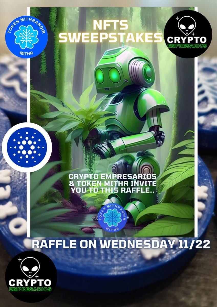 ✍️SORTEO📡
Ganadores elegidos 22-11-23 
Premio: Sorteo Sorpresa de NFT.
 Para participar:
🌲Seguir @CryptoEmps y <a href="/Tokenmithr/">Token Mithrandir</a> 
🌲Like y retweet.
🌲Tag Etiqueta 3 contactos en el cuerpo de esta publicación
#CardanoCommunity #cardano #SORTEO #ADA #NFTs #Milei #NFT #Bitcoin <a href="/Bitcoin/">Bitcoin</a>