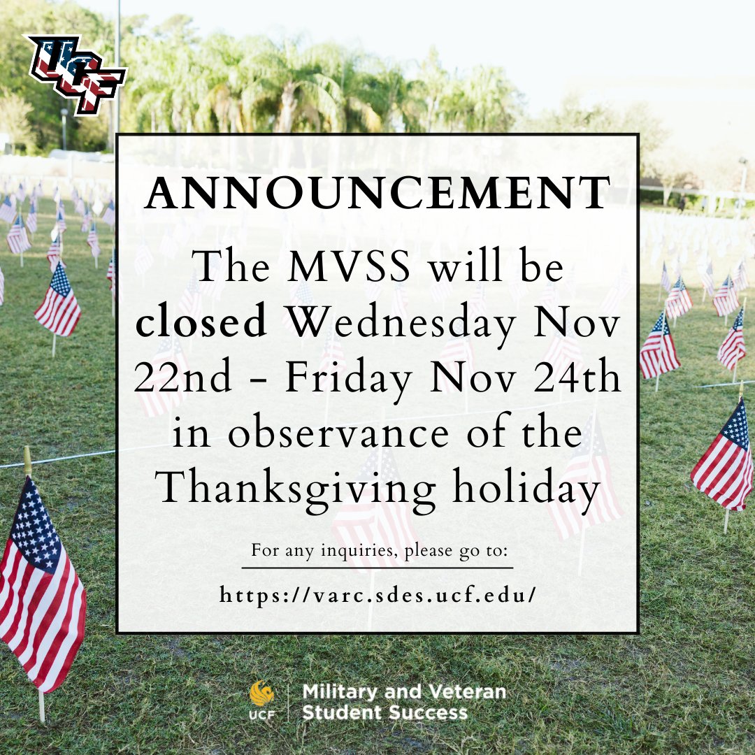 🚨 Fall Break Closure Alert! 🚨 Please be informed that we'll be closed from Wednesday, Nov 22nd, to Friday, Nov 24th, for the Thanksgiving festivities. See you on Monday with full plates and thankful hearts! 🦃💙

-
#thanksgivingclosure #vetknight #studentsuccess #ucf