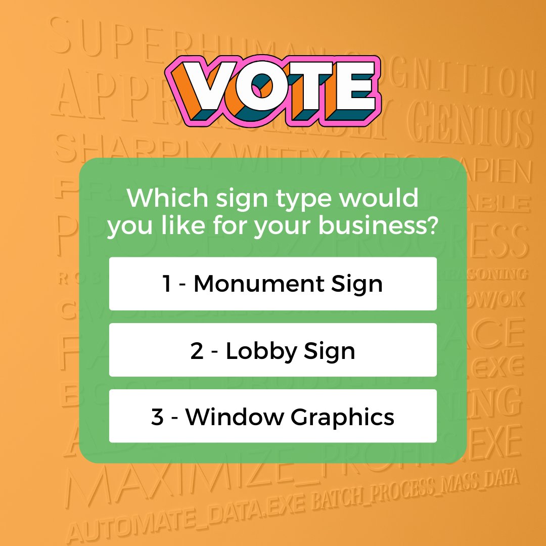 🗳️ Cast Your Vote! 🗳️ 
 
If you were to open a new business in Frisco, which sign type would you like to install first? Cast your vote and let us know your preference: 
 
1️⃣ Monument Sign
2️⃣ Lobby Sign 
3️⃣ Window Graphics
  
Let us know in the comments!