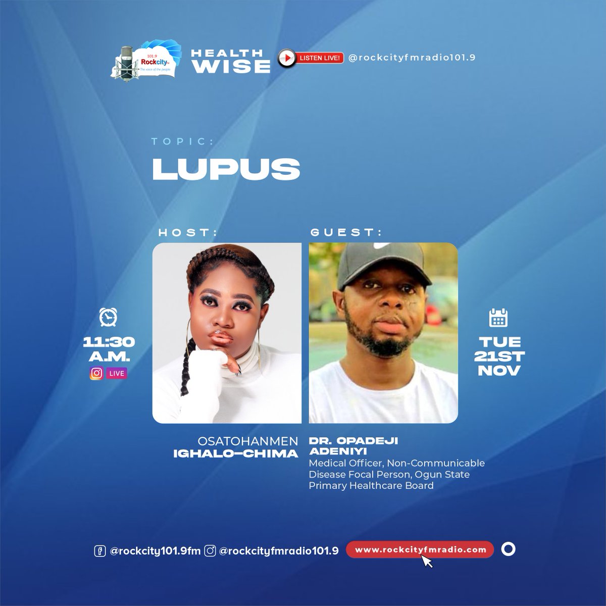 rockcityfm's tweet photo. Join @_radiopepper on #healthwise on Tues 21st Nov at 11:30am to discuss "LUPUS:  an inflammatory disease caused when the immune system attacks its own organs"

Guest: Dr. Opadeji Adeniyi

#lupus #lupusawareness #lupuslife https://t.co/j2fFDqwNUG
