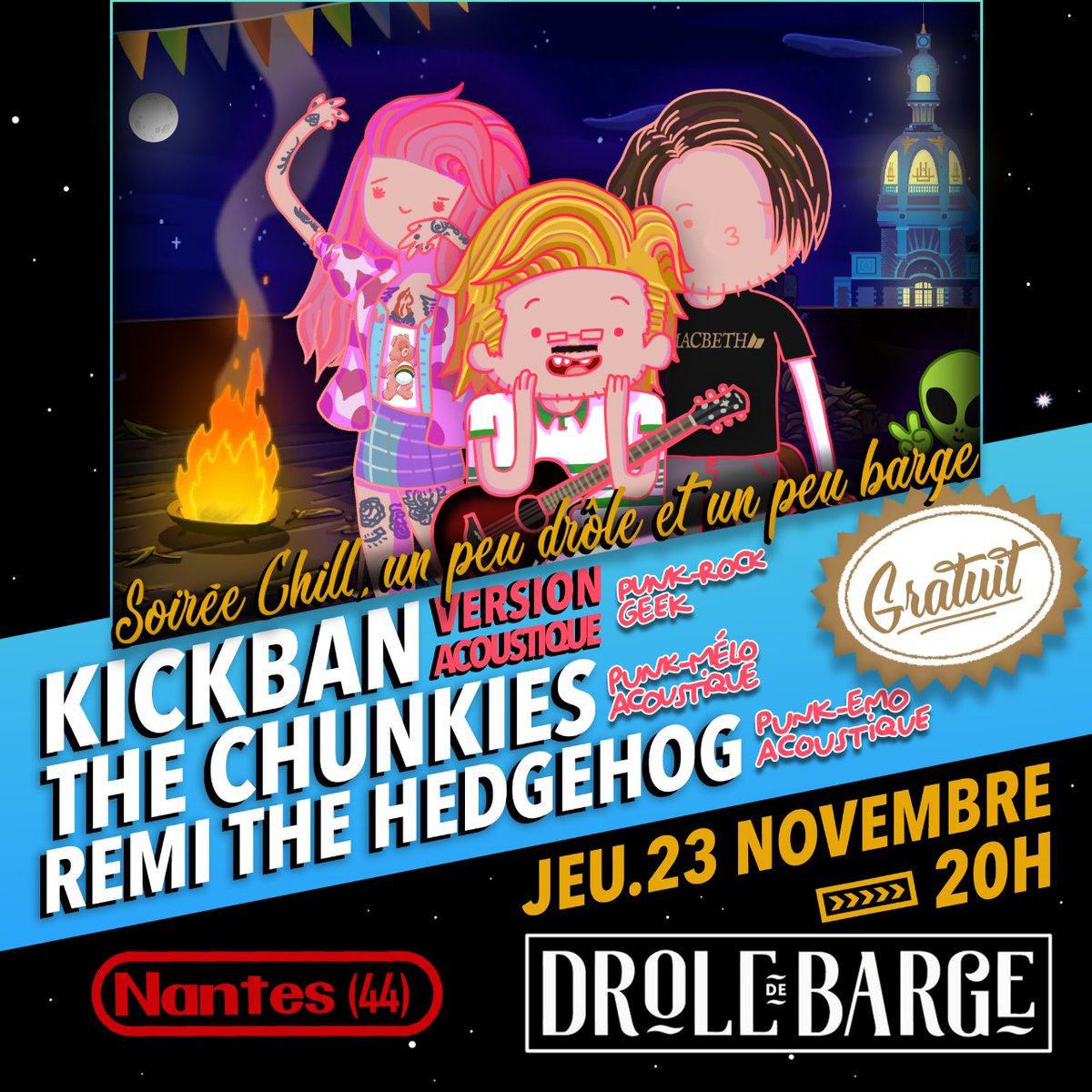 NANTES ! Une soirée acoustique pour se réchauffer le cœur ? Ça se passe JEUDI à la Drôle de Barge (Quai de Malakoff), on partagera l'affiche avec les mignons Chunkies 👼👽 et Rémi the Hedgehog 🦔 ! RDV à partir de 20h - c'est gratuit