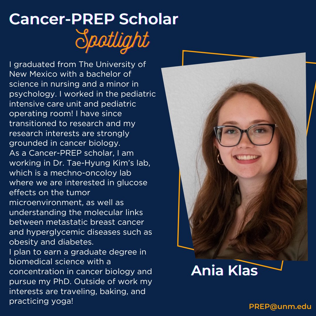 PrepUnm's tweet image. Scholar Spotlight of the week is on Ania Klas! Ania is working in Dr. Kim's lab this year. Ania is focusing on using her nursing degree to inform her passion for cancer research!  #UNM #mentoringmatters #cancerresearch #biomedicalresearch #curecancer