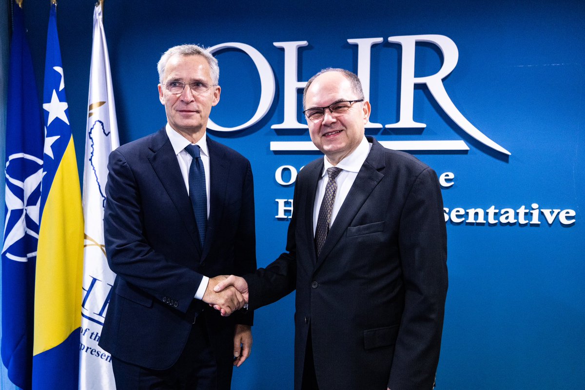 #NATO SG @jensstoltenberg met with @OHR_BiH High Representative Christian Schmidt in Sarajevo this morning, calling his efforts “vital to the unity and to the reconciliation” of Bosnia and Herzegovina 🇧🇦   🎥 Full remarks: youtu.be/MG58l-JdUwM?si…