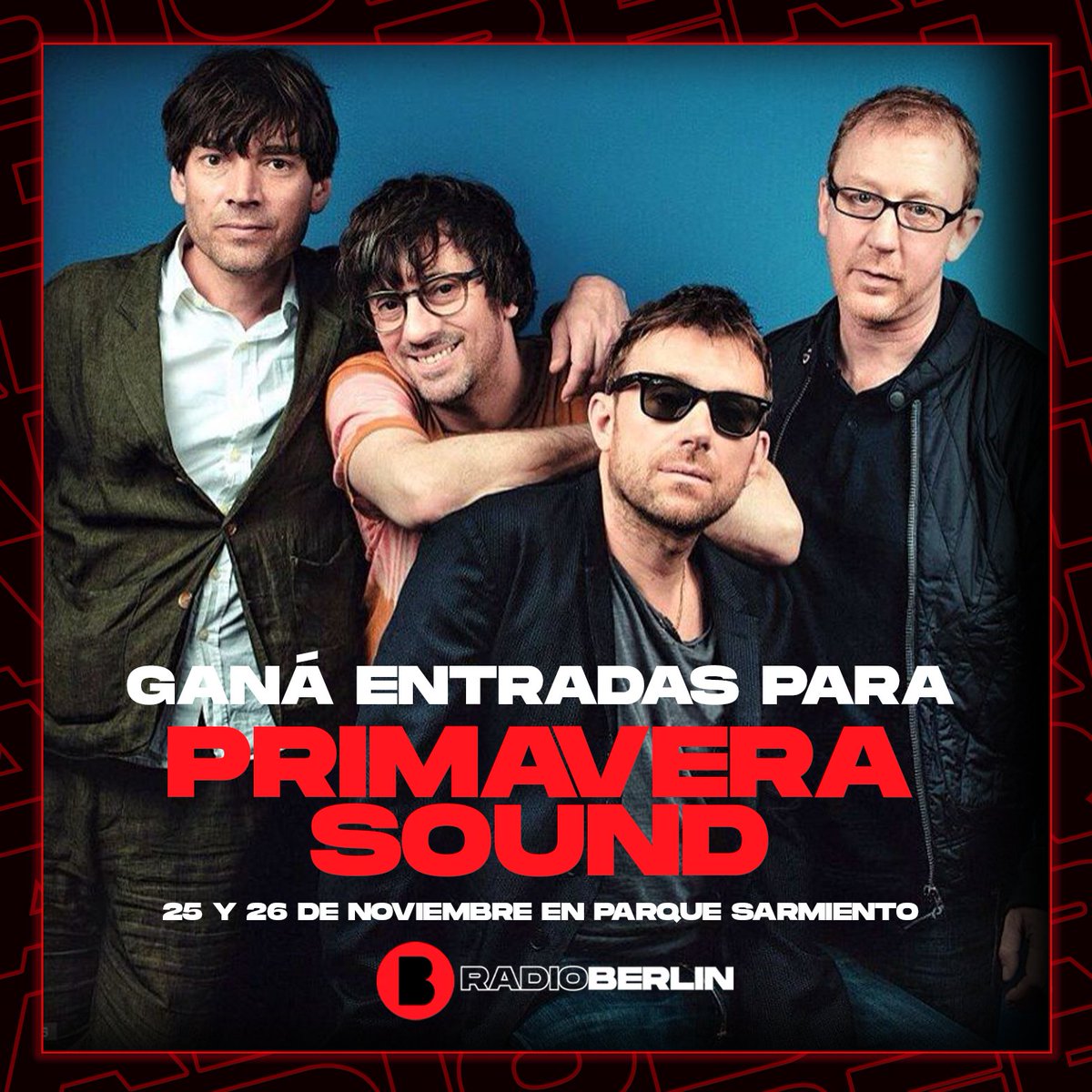 berlin1077's tweet photo. 🌟 RADIO BERLÍN TE INVITA A VER EL PRIMER "PRIMAVERA SOUND" QUE SE REALIZA EN PARQUE SARMIENTO EL 25 Y 26 DE NOVIEMBRE.
🎧Prestá atención! porque esta semana vamos a regalar 5 pares de abonos para ambos días entre nuestros oyentes.
#RadioBerlin #Los90YLos2000 #PrimaveraSound https://t.co/oBqfSonQIm