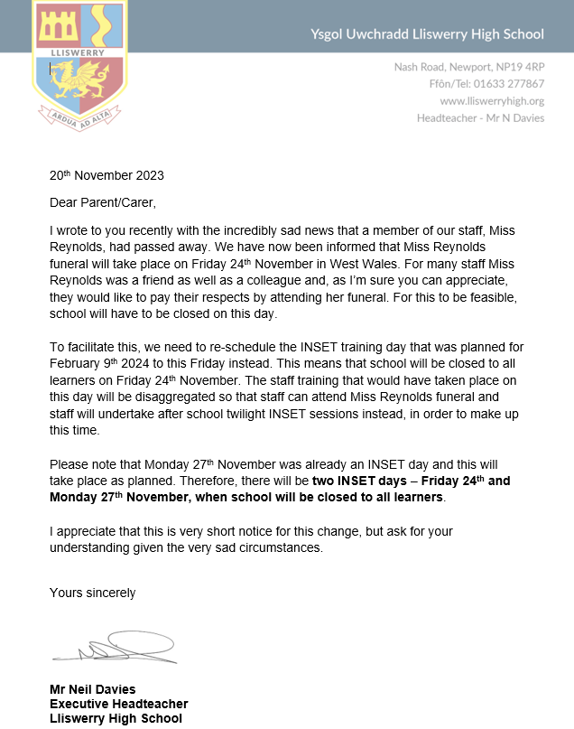 Important information for parents and carers: