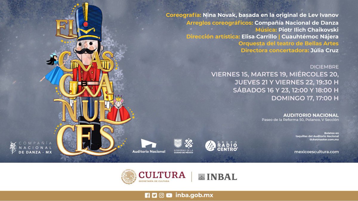CNDanzaMX's tweet photo. 🗓 DIC: 15, 19, 20, 21 y 22 • 19:30 h | 16 y 23 • 12:00 h y 18:00 h | 17 • 17:00 h 
🎼Participa la Orquesta del @bellasartesinba, bajo la batuta de la española Júlia Cruz 
🎟️En taquillas del @AuditorioMx y 👉 https://t.co/gMxeKacH6m 
* Promoción Family Pack (4x3) en piso 1 y 2 https://t.co/zgWO7E9jLu
