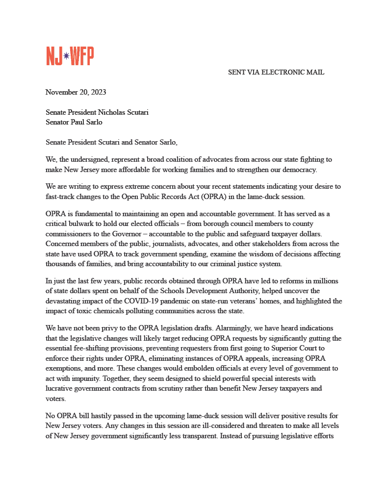 📣 More than 60 pro-democracy advocates agree: No OPRA bill hastily passed in the lame-duck session will deliver positive results for the public. Any changes in this session are ill-considered and threaten to make all levels of government less transparent. Read the letter ⬇️