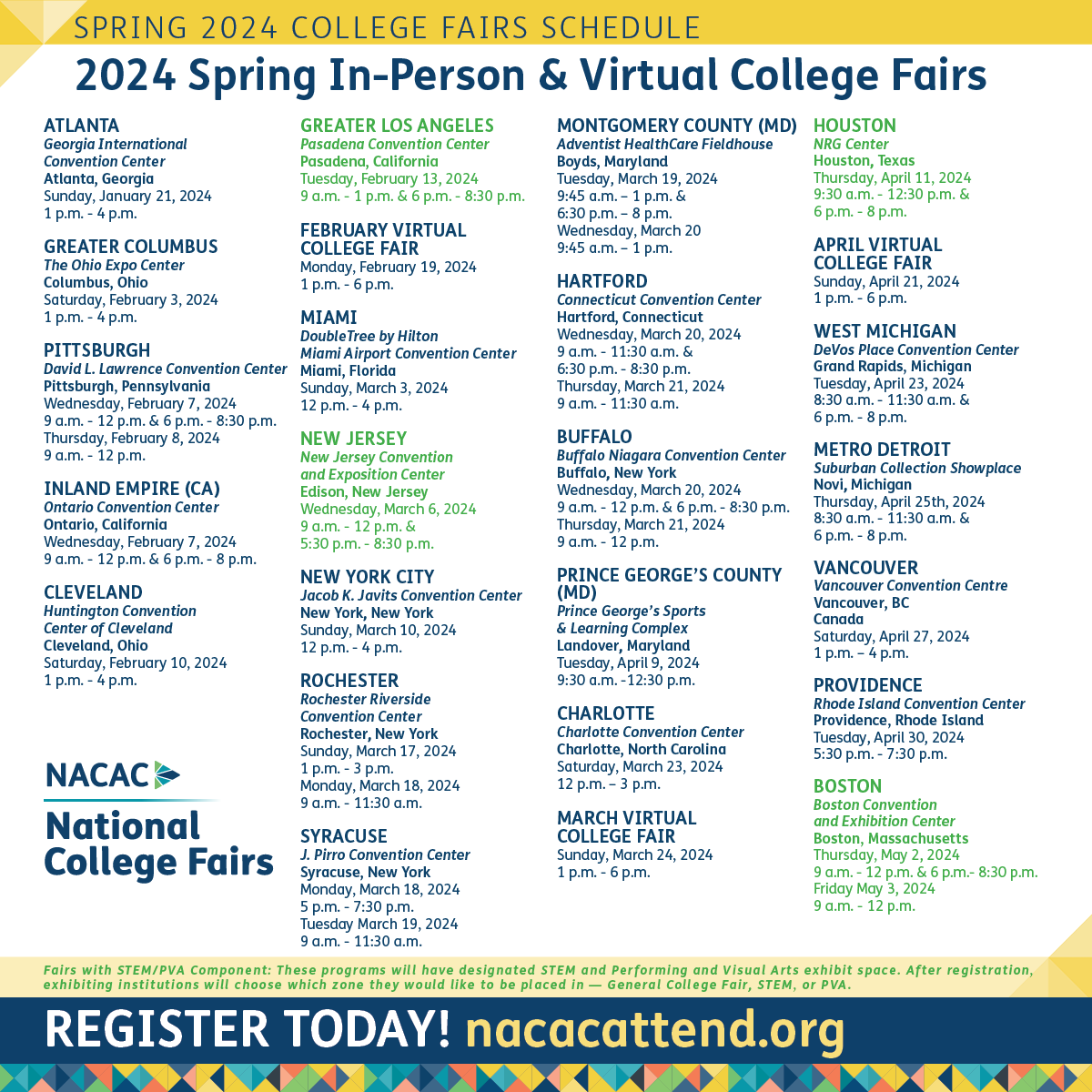 NACAC's tweet photo. Mark your calendars! #NACAC's Spring 2024 National College Fair season kicks off in January. This is a great chance for #students to connect with hundreds of colleges &amp; universities under one roof or virtually. Attendee registration is OPEN! https://t.co/oZhxoyxlTa #collegefairs https://t.co/M95sULdDex