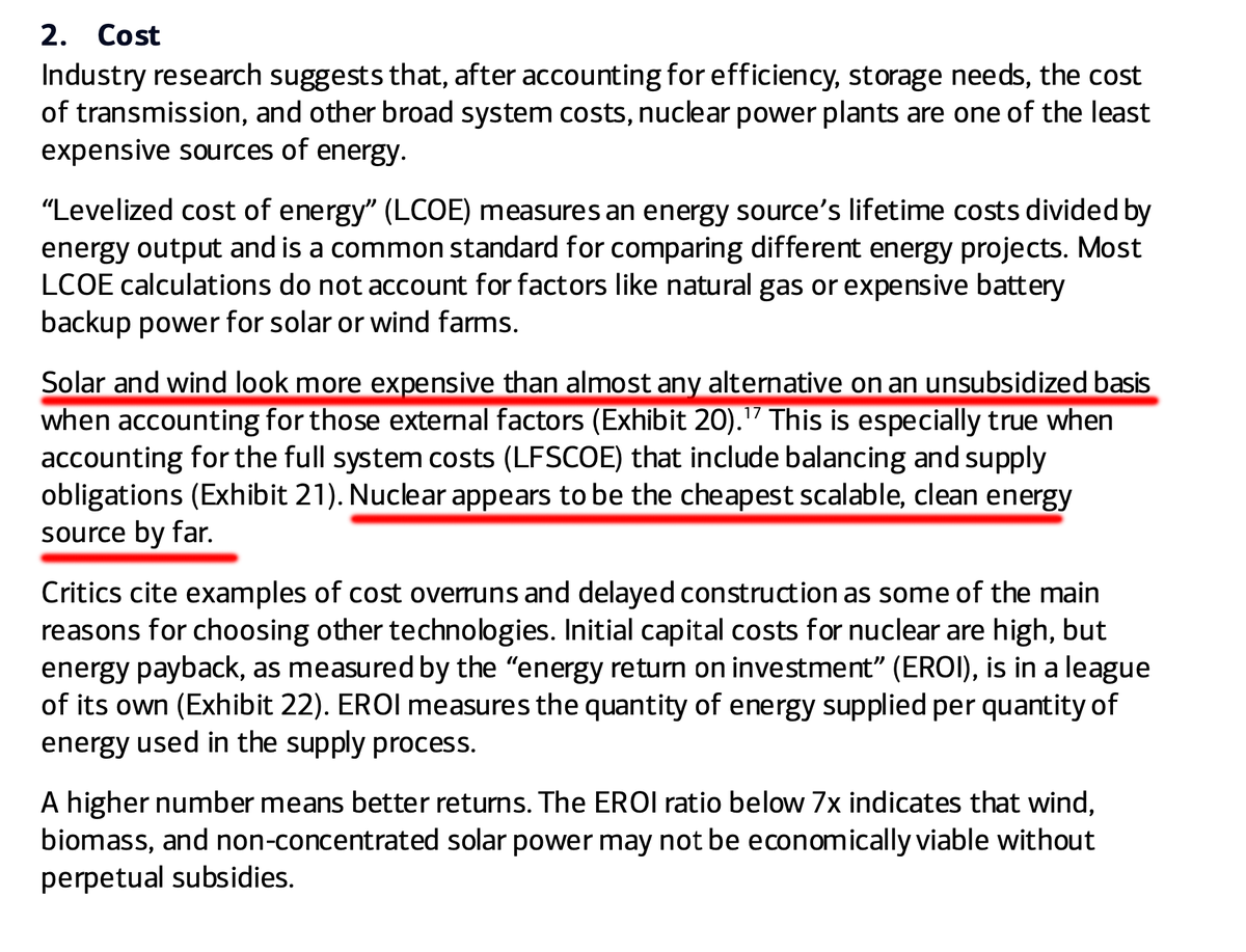Bank of America Energy analyst confirms what we have been telling you. 

"Solar and Wind look more expensive than almost any alternative...when accounting for external factors. This is especially true when accounting for full system costs"

"Nuclear is the cheapest by far"