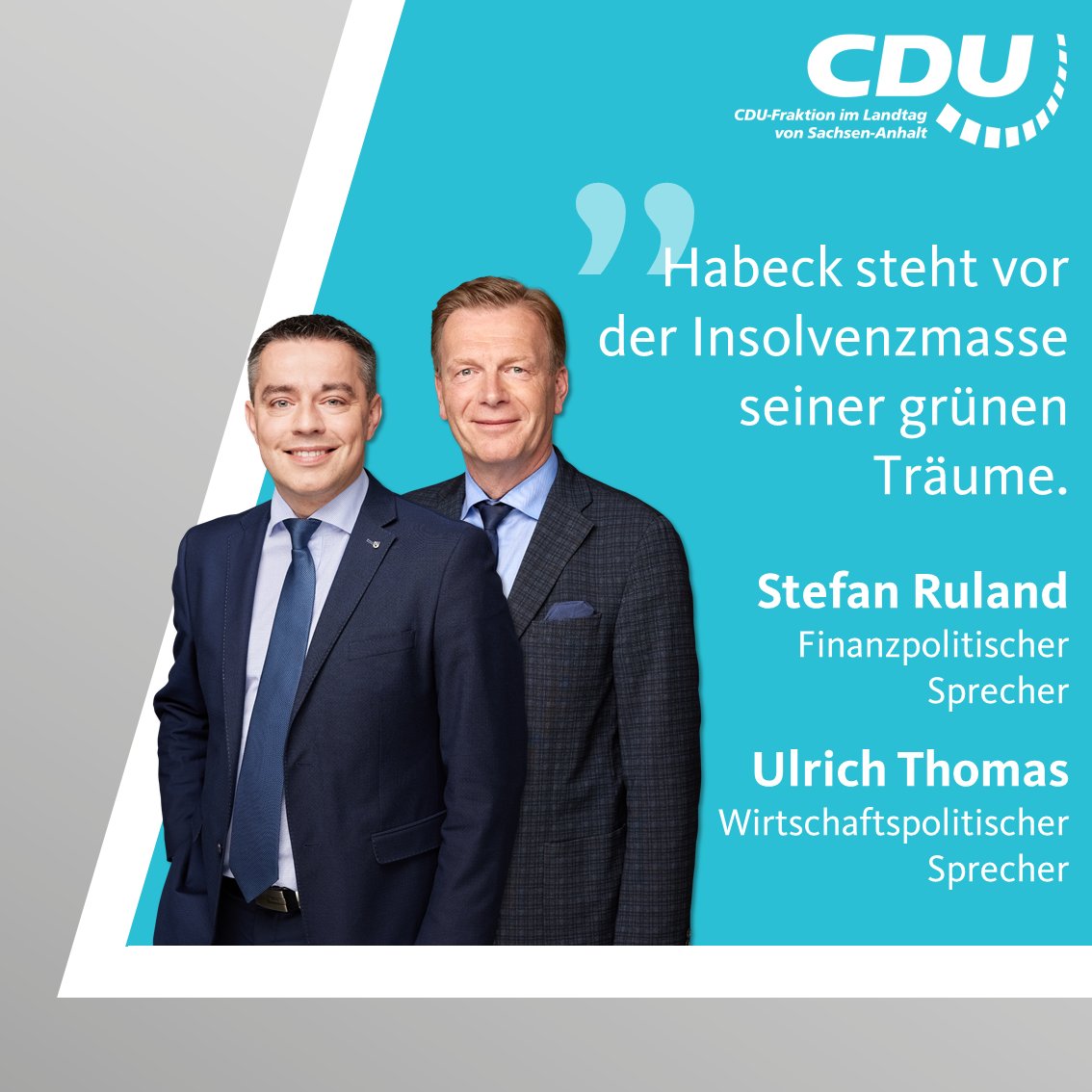 "Nach dem Bundesverfassungsgerichtsurteil steht Habeck vor der Insolvenzmasse seiner grünen Träumen", sagt der wirtschaftspol. Sprecher @UliThomas in einer gemeinsamen Pressemitteilung mit dem finanzpol. Sprecher <a href="/StefanRulandBBG/">Stefan Ruland</a>. Mehr dazu unter cdufraktion.de/2023/bundesver…
