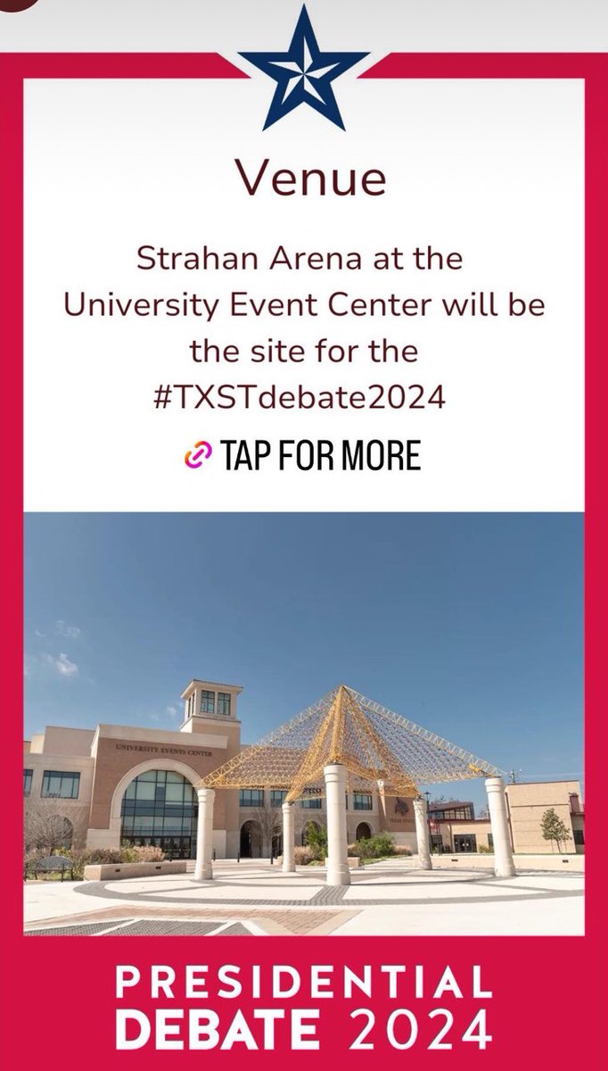 Huge, if true…

Hint: It’s true…😁

Welcome to San Marvelous and <a href="/txst/">Texas State University</a>, <a href="/debates/">CPD</a>! We are looking forward to hosting the first-ever presidential debate to be held in the great state of Texas!🐾🇺🇸
