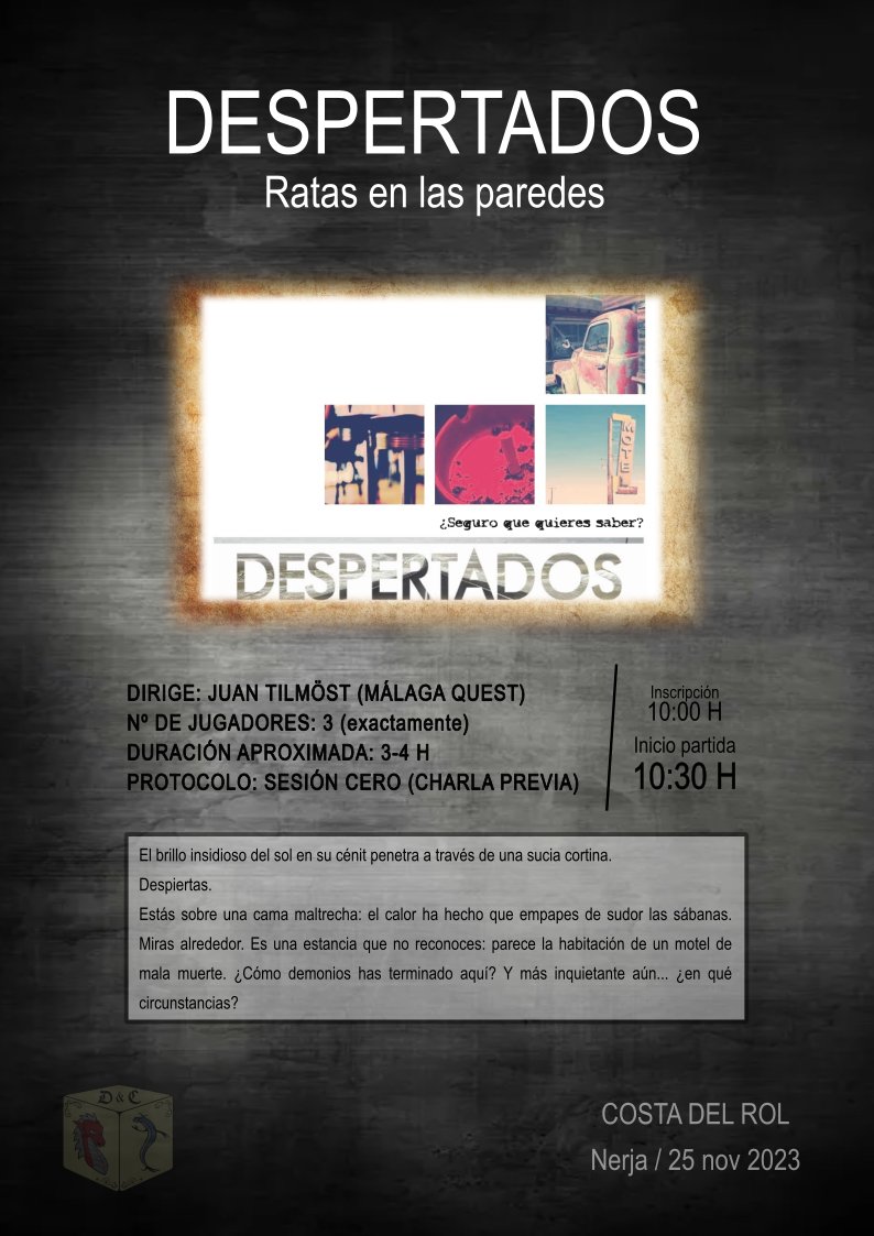 Primera cita rolera tras la pantalla del fin de semana: Jornadas Costa del Rol, organizadas por <a href="/DyChanquetes/">Dragones & Chanquetes</a> en Nerja, el sábado 25 de noviembre.
Llevaré esta gran aventura de <a href="/EsculapioCero/">Enrique Camino</a> que tan buenos momentos me ha dado. Ven a disfrutar de este inquietante thriller...