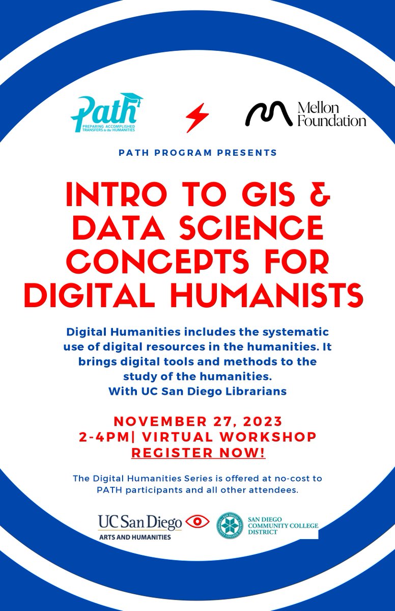 sdccdpath's tweet image. Interested in the Digital Humanities?
RSVP now for UCSD&apos;s virtual workshop on 

Data &amp;amp; GIS concepts for the Digital Humanists
Monday, November 27th 2-4PM

Students who participate are eligible to win a gift card draw. 🤩