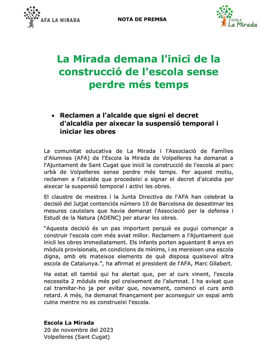 AFALaMirada (@afalamirada) on Twitter photo 📢📢Reclamen a l'alcalde <a href="/josepmvalles/">Josep Maria Vallès</a> que signi el decret d'alcaldia per aixecar la suspensió temporal i iniciar les obres.
La comunitat educativa de La Mirada i l'Associació de Famílies d'Alumnes (AFA) de l'Escola la Mirada de Volpelleres ha demanat a l'Ajuntament de Sant Cugat 📢📢Reclamen a l'alcalde <a href="/josepmvalles/">Josep Maria Vallès</a> que signi el decret d'alcaldia per aixecar la suspensió temporal i iniciar les obres.
La comunitat educativa de La Mirada i l'Associació de Famílies d'Alumnes (AFA) de l'Escola la Mirada de Volpelleres ha demanat a l'Ajuntament de Sant Cugat