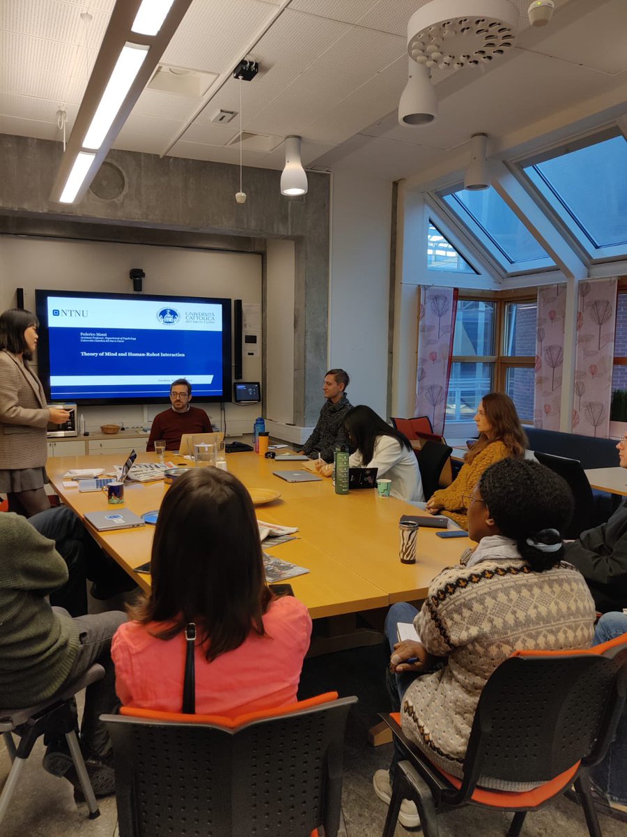 YuChengNTNU's tweet photo. Today, @DIGIKULT_NTNU welcomed Dr. Federico Manzi to visit KULT and discuss: “Theory of Mind and Psychological Dynamics for Human-Robot Interaction.”  

Dr. Manzi is a researcher at the Catholic University of the Sacred Heart in #Milan, specializing in developing the #TheoryofMind and #human-#robot interaction and collaborating with national and international universities. He holds two doctorates in #Psychology and #Person and #Formation #Science.

Dr. Manzi is our group’s strategic partner, and he has been an Expert Group Member supporting our @Robotics4EU Project since 2021 and contributing to our upcoming final WS at #ERF2024 in #Rimini. 

Prof. Wei Wang from the Department of #Psychology also joined and asked intriguing questions among other participants. 

A duo master's degree candidate from @NTNUnorway & @KU_Leuven, Hitesh has also presented his research interests on: “Does it think?: #ComputationalAnxiety, and [Un]connected Desires. A critique of #Neuroessentialism.” 

Thanks for all the colleagues joining! 

@bradloewen