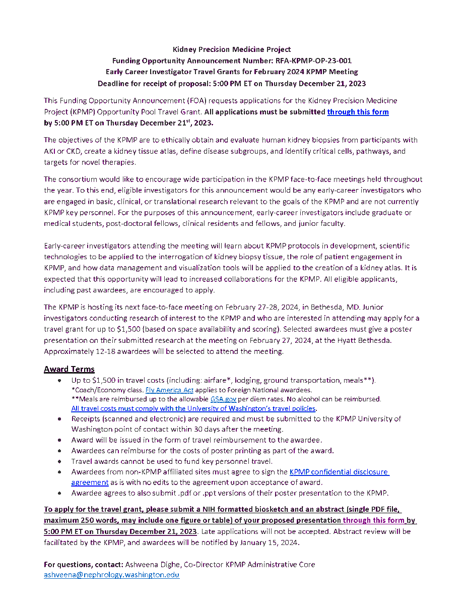 📢Exciting news for early stage investigators (ESIs)! 

A funding opportunity announcement (FOA) is available to ESIs for a travel grant to our next KPMP face-to-face meeting from 2/27/24 - 2/28/24 in Bethesda, MD.

Apply here (bit.ly/3SPIzV8) by 5 PM ET on 12/21/23!