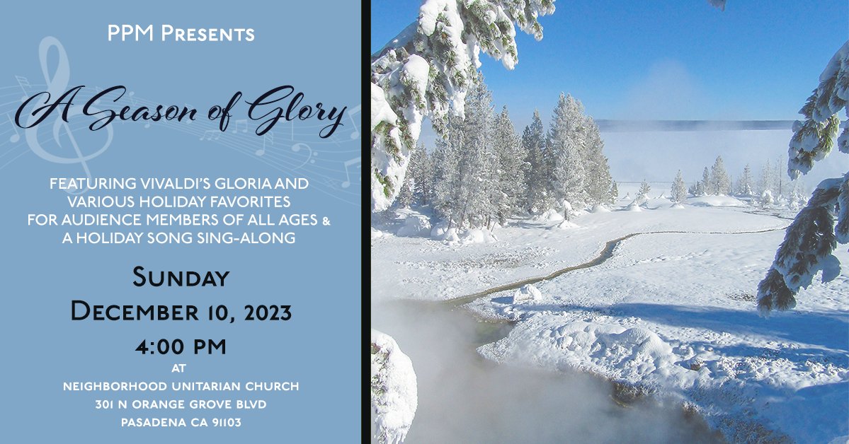PasadenaPro_PPM's tweet photo. Less than 3 weeks away until our next concert! Please join us on Sunday 12/10 at 4 PM for our holiday concert featuring Vivaldi's Gloria, and a variety of holiday songs to make the start of your season bright!

Visit our website to purchase tickets! https://t.co/LN8JPzSjxZ https://t.co/HTxH1YObz1