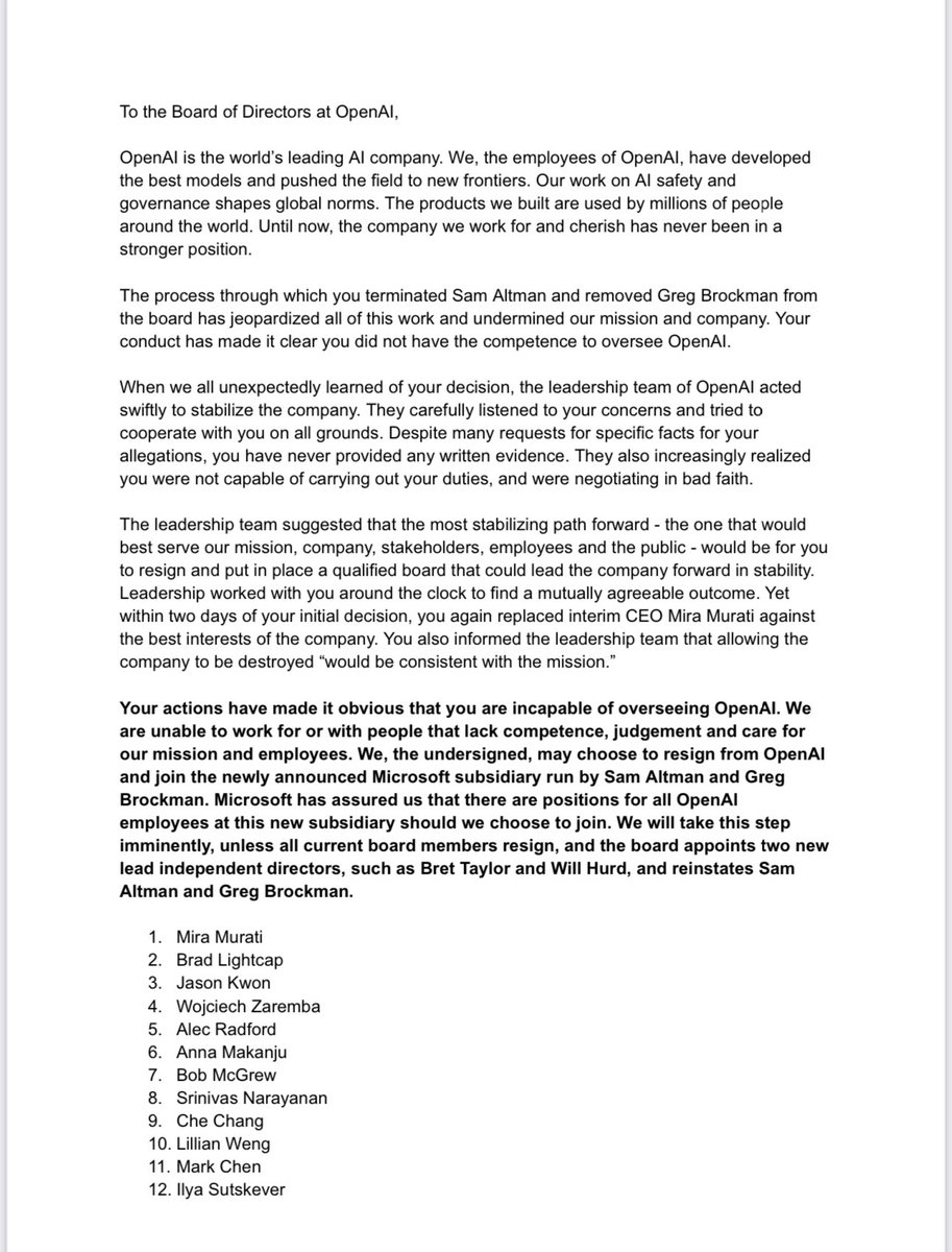 rowancheung's tweet photo. As of this moment, 700 of 770 OpenAI employees have signed this letter to the board telling them to resign, or they may join Microsoft with @sama and @gdb.

Microsoft has said they have a position available for every OpenAI employee. As more employees wake up, more will sign.

Shockingly, Ilya's name is signed (see #12). Simulation confirmed?