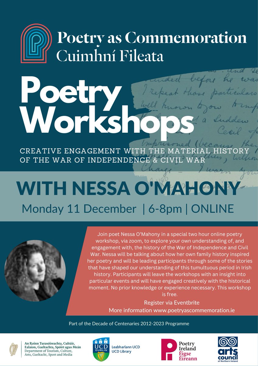 We're delighted to announce that we're hosting an ONLINE WORKSHOP with Nessa O'Mahony
📆Monday 11 December
⏲️6pm-8pm (UTC)
Places are limited. Booking link below:
tinyurl.com/nh9uucfs
#poetrycommunity #decadeofcentenaries