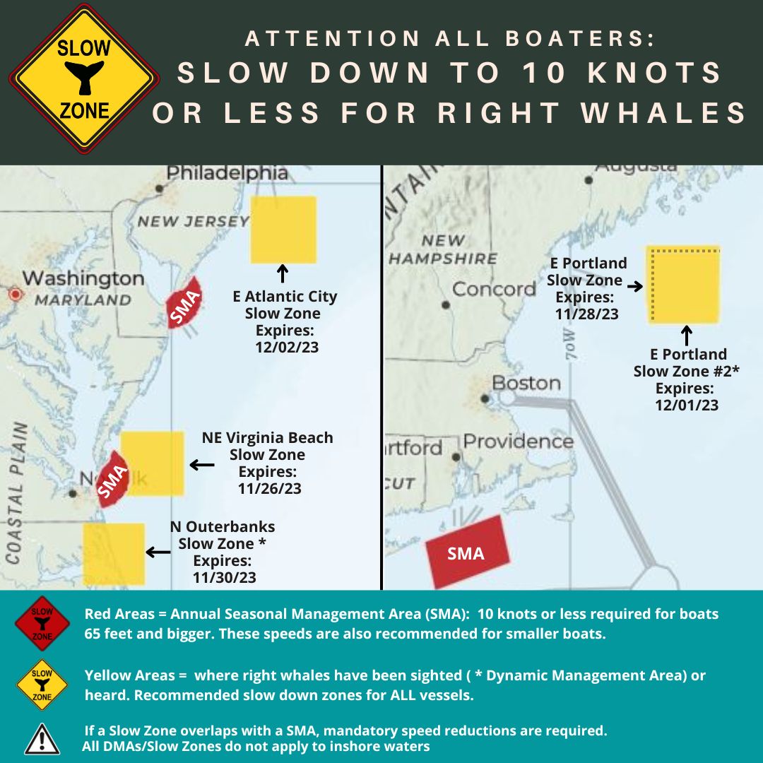 NOAAFish_GARFO's tweet image. New #RightWhale #SlowZone E of #AtlanticCity, NJ, in effect thru 12/2. Mariners are requested to avoid or transit at 10 knots or less. See map for locations of all 5 Slow Zones in effect. All boaters from ME to VA can sign up for email/text notifications: ow.ly/857450Q9yef