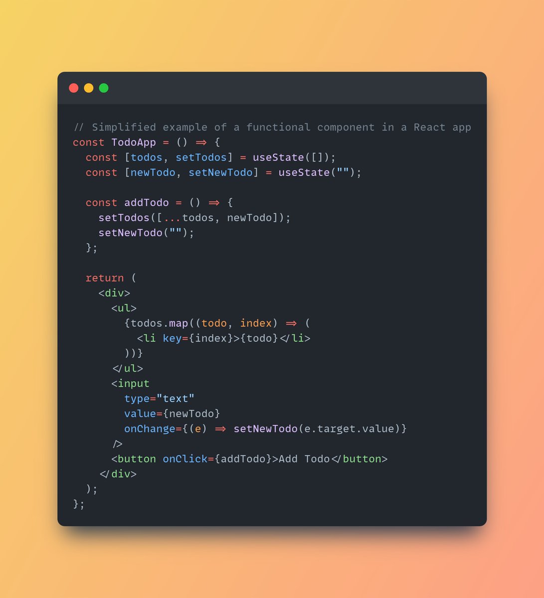 kunalthedev's tweet image. Here's a simple example of a Todo application using functional components and hooks. What features would you add to make this app even better? #ReactApp #TodoList #FunctionalComponents