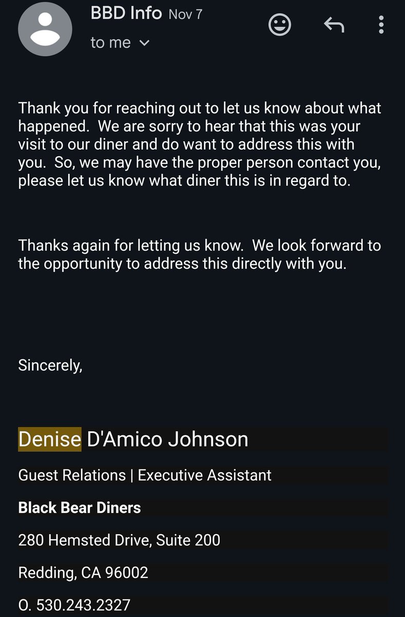 PKZeusBoi's tweet photo. @BlackBearDiner Denise D'Amico Johnson executive assistant has reached out to me via email and asked for the address of where the situation happened and I sent it to her on nov7th,2023 with no reply or any solution to the problem. https://t.co/nZLkXewJSA