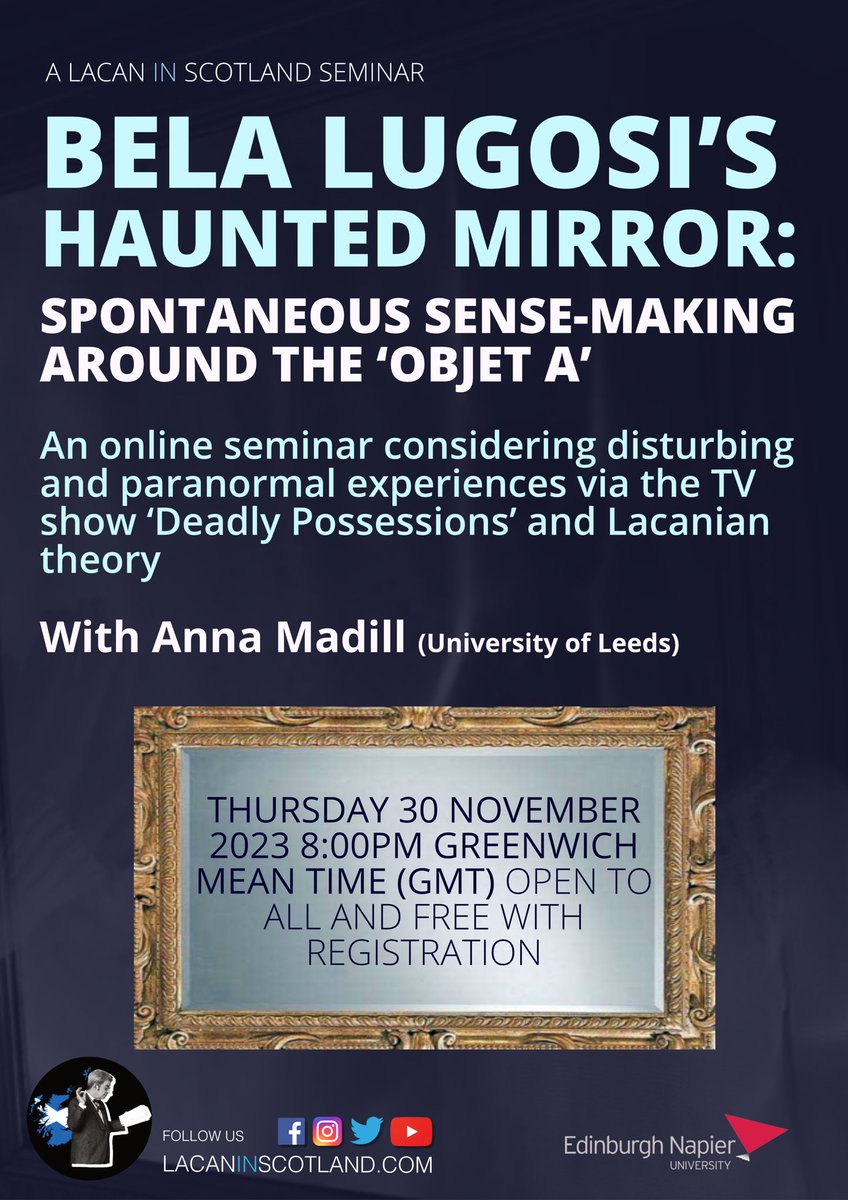 A reminder that our next event is on Thursday 30th November. Anna Madill will be discussing disturbing and paranormal experiences via a clip from the TV show ‘Deadly Possessions’ and Lacanian theory.

Free with Ticketleap registration:
lacaninscotland.com/?p=1770

#LacaninScotland