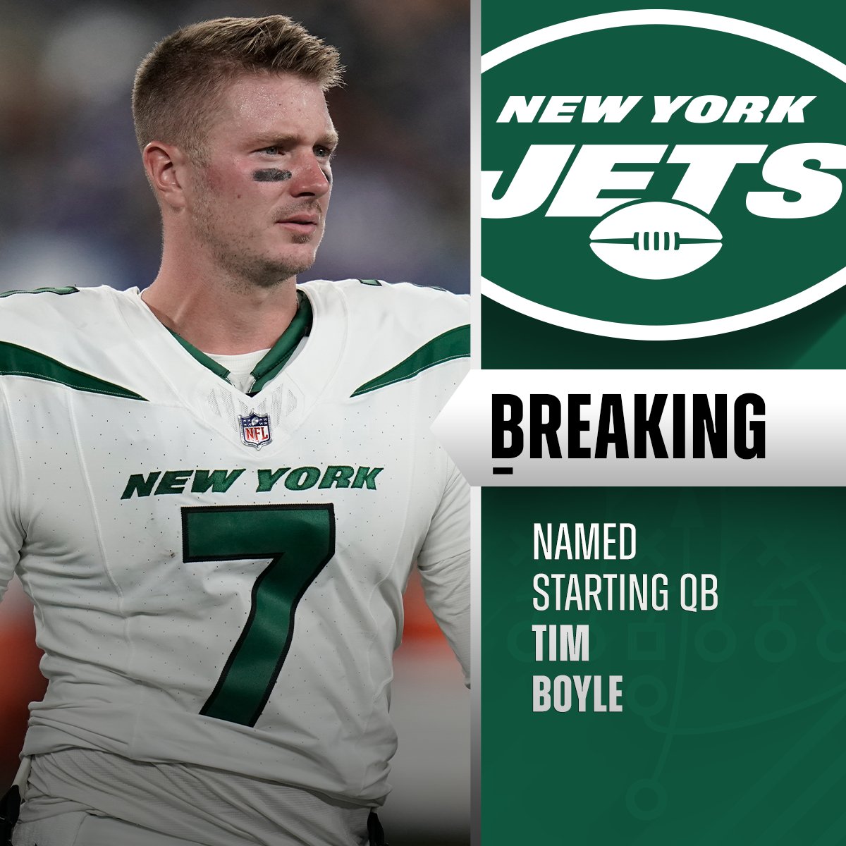 NFL's tweet image. Jets to start Tim Boyle at QB vs. Dolphins in Week 12. (via @RapSheet)