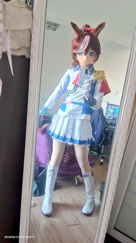 Misaka93222766's tweet image. 试装
总结：决胜服一坨shit，得重新买，学院制服改造很成功。
头： @sakura_ingnai 
#赛马娘 #kigurumi #东海帝皇