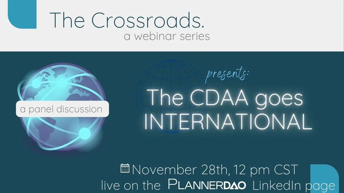 PlannerDAO's tweet image. Tune in on November 28th at 12 p.m. CST to hear how crypto leaders in Saudi Arabia, Austria, and Finland are leveraging the CDAA designation to pioneer digital asset education for financial professionals. The panel will feature Afsar Akal, Dr. Rehan alTaji, and Niklas Schmidt.
