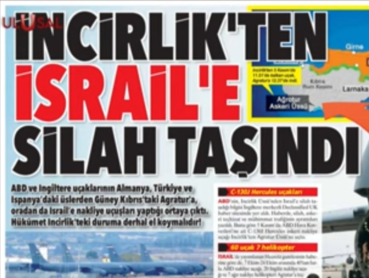 Gazeteci Fikret Akfırat:

'İncirlik'ten, İsrail'e silah taşındığını' yazdı. 
 
İngiltere merkezli Declassified UK haber sitesinin, 

ABD'nin, İncirlik'ten İsrail'e silah, mühimmat, savaş aracı ve askeri teçhizat taşıdığını duyurduğu haberin detaylarını paylaştı.