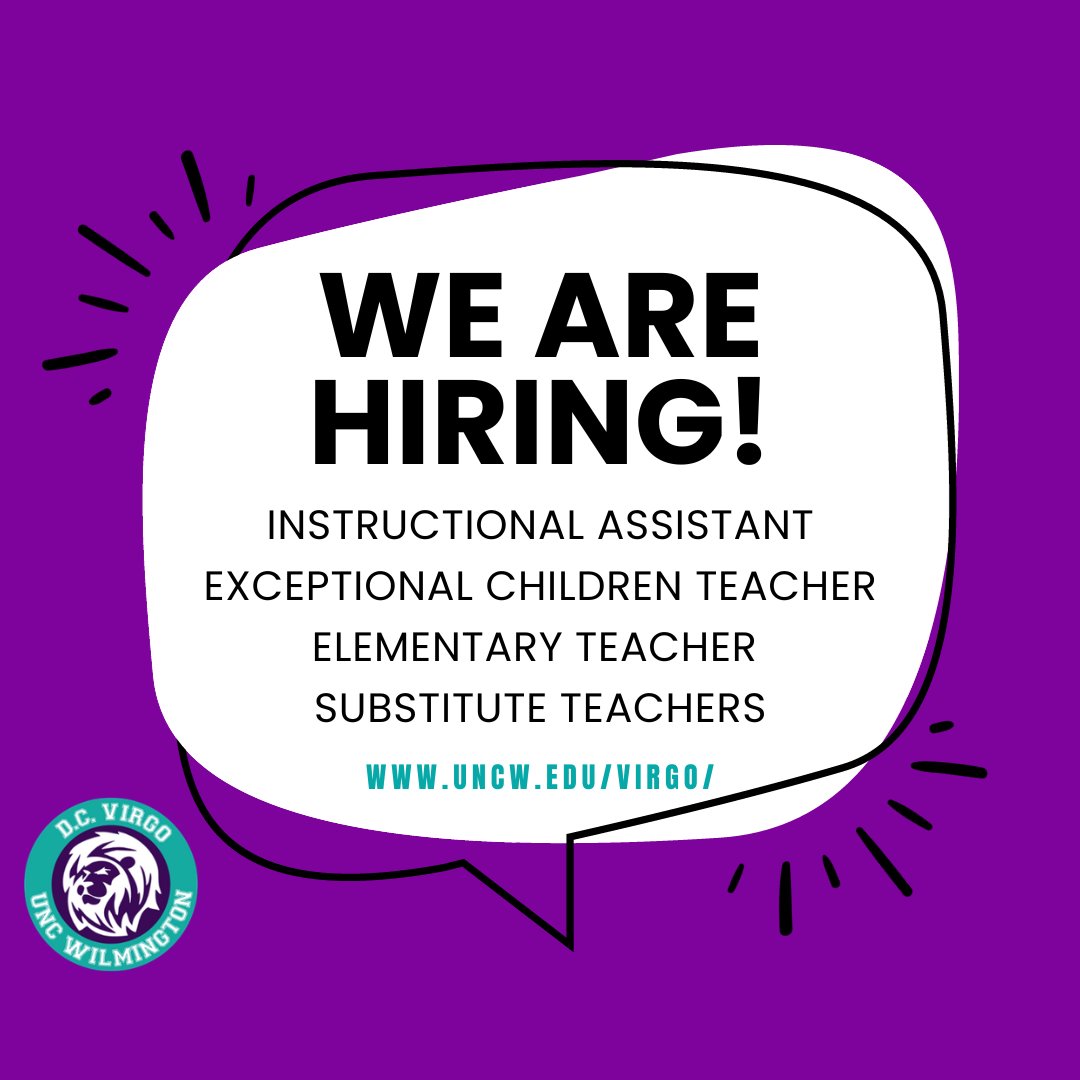 We are hiring! Come work with us!
To apply, visit uncw.edu/virgo/

We are looking for:
🦁 Instructional Assistant
💜 Exceptional Children Teacher
🦁 Elementary Teacher
💜 Substitute Teacher

#LearnThriveSoar #LearnThriveROAR #UNCLabSchools