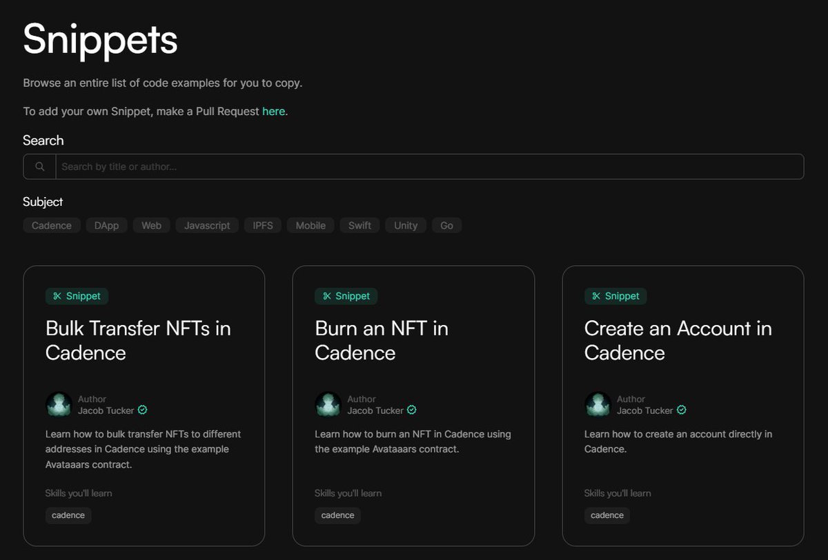 I compiled a list of my most-used pieces of code while developing on <a href="/flow_blockchain/">Flow.com</a> 

For each, you can easily copy &amp; paste into your own app, or view a live (working) example

🔗Code Snippets - academy.ecdao.org/en/snippets