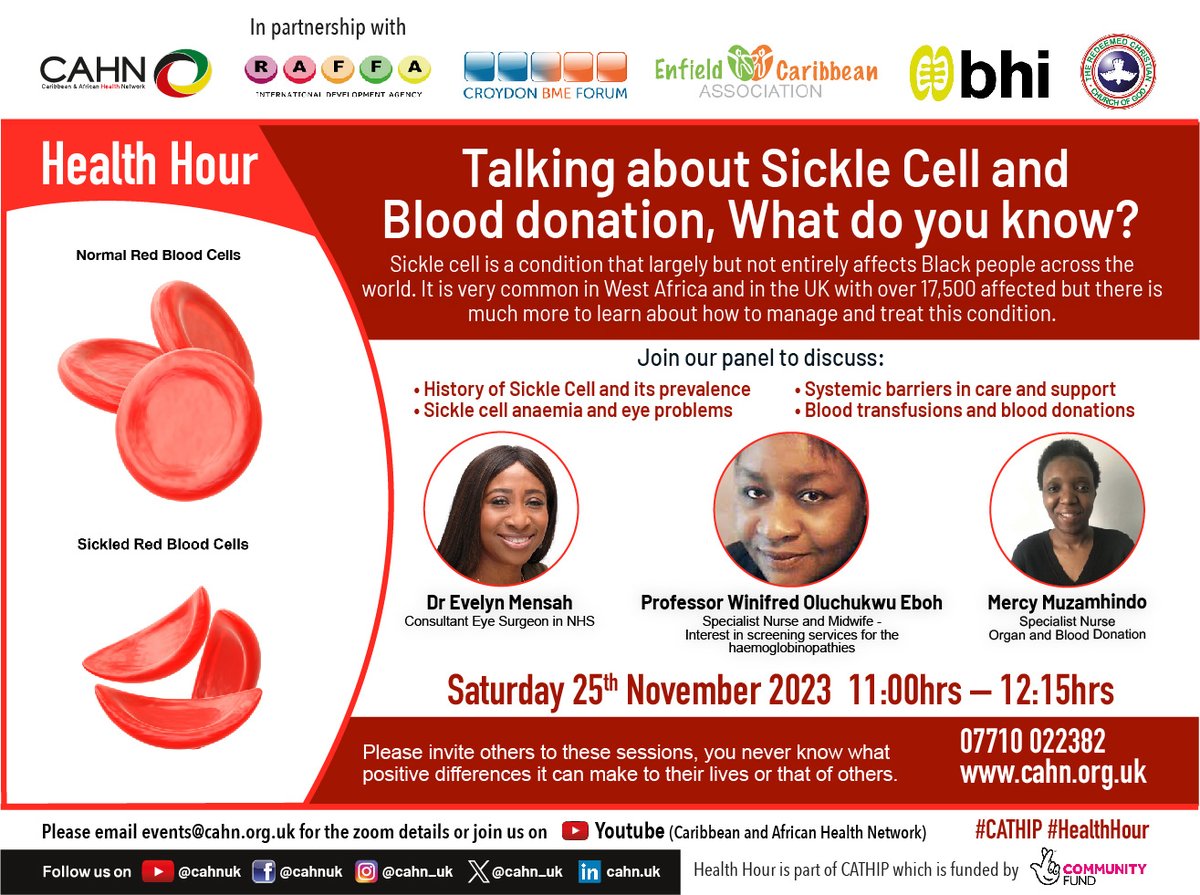 cahn_uk's tweet photo. Ever wondered how a simple act of giving can transform the lives of countless individuals battling sickle cell??
Our #CATHIPHealthHour is for you! Tune in for insights from Doctor @eveosh, Professor @winifred_eboh and Nurse Mercy Muzamhindo
Register here: https://t.co/X2EGclpB6L https://t.co/N3UCOlRJ0c