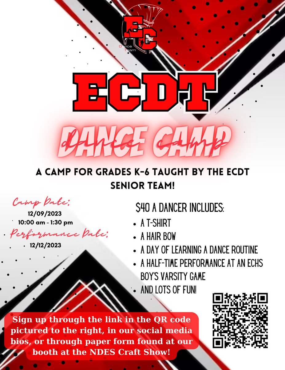 The ECDT Senior Team is hosting a dance camp for ages K-6 grade.
You can sign up through the google link or fill out a form at the ECDT Boosters Club booth at the NDES Craft Show!
We can't wait to dance with you!

East Central Dance Team Dance Camp
docs.google.com