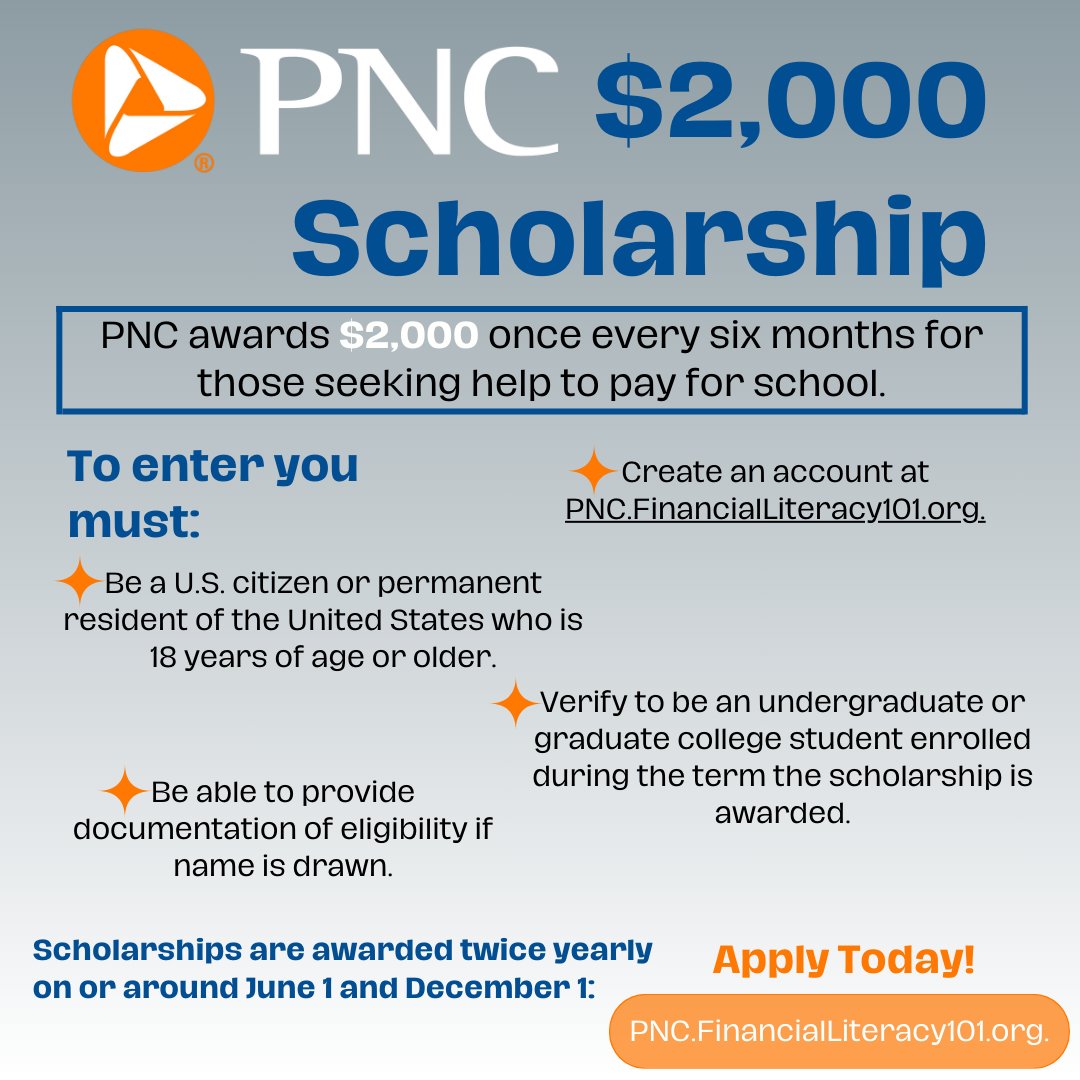 Next up for #nationalscholarshipmonth we have a $2,000 PNC Scholarship! For more details click the link in our bio and apply today💰🐾Look for other scholarships like this in the scholarship search tile in Catalyst❤️