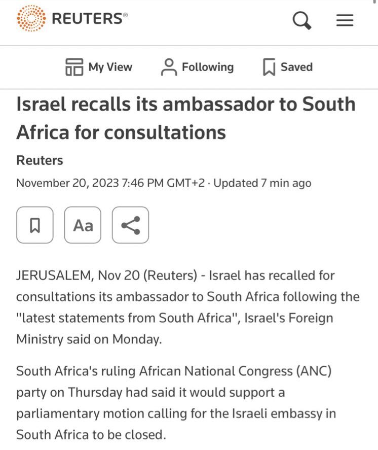 Africa4Pal's tweet photo. BREAKING: Just as South Africa is about to expel Israel’s ambassador … Israel withdraws their ambassador from South Africa! https://t.co/OAqKII0keA