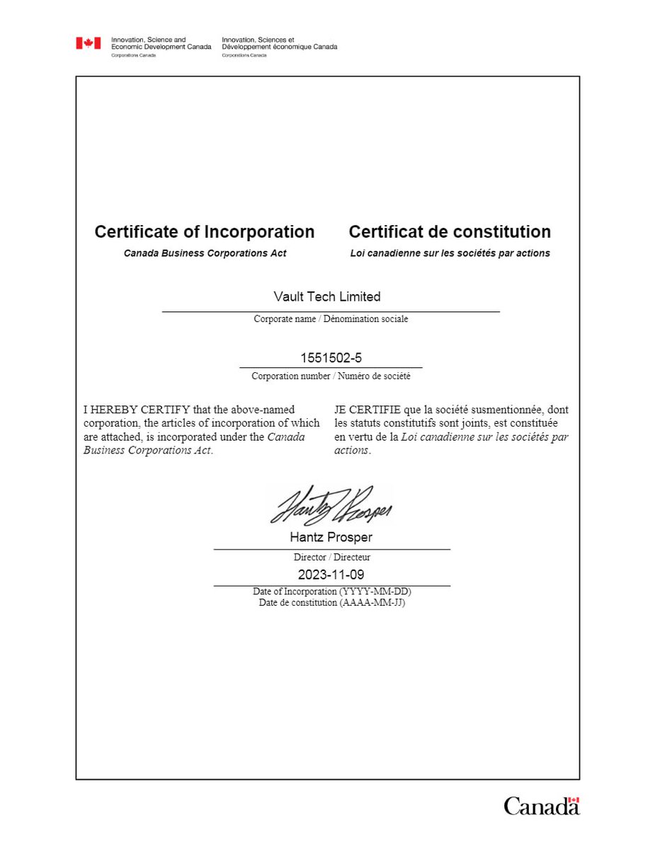 VaultAIHub's tweet photo. 🎉Exciting News Alert!🎉 

Vault Tech is now officially a registered company under the Canada Business Corporations Act! 🇨🇦 

This milestone propels us forward as we actively pursue grants, incubations, and strategic partnerships. 

Stay tuned as we continue to innovate and lead in the tech frontier. 

#VaultTech #Crypto #Blockchain #Innovation