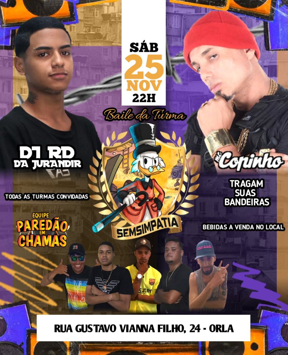 Agora vai.

Dia 25/11📅
A partir das 22:00⌚

Vai rolar o baile da turma @SEM_SIMPATIA_01
Com "MC COPINHO" ao vivo lançando só as quente🔊

Equipe Paredão em Chamas 🔥

os djs da casa +DJS CONVIDADOS🎶🇨🇭💃🕺

TRAGAM SUAS BANDEIRAS

<a href="/mccopinhoofc/">Mc Copinho</a>

📍RUA GUSTAVO VIANNA,24 (ORLA)