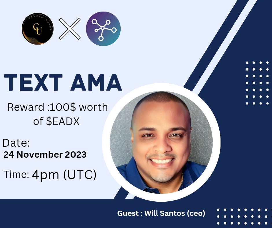 AMAHeadHunter's tweet photo. Date: 24th Nov 2023
⏰Time: 4:00 PM UTC
🎁 Reward: $100 Worth

🏠 Venue: https://t.co/PcCwWDqSNM…

🔺Rules:
✅ Follow Twitter  &amp; @EadxDeFi
✅ Like &amp; Retweet
✅ Comment your Questions https://t.co/NQMQiri9y7