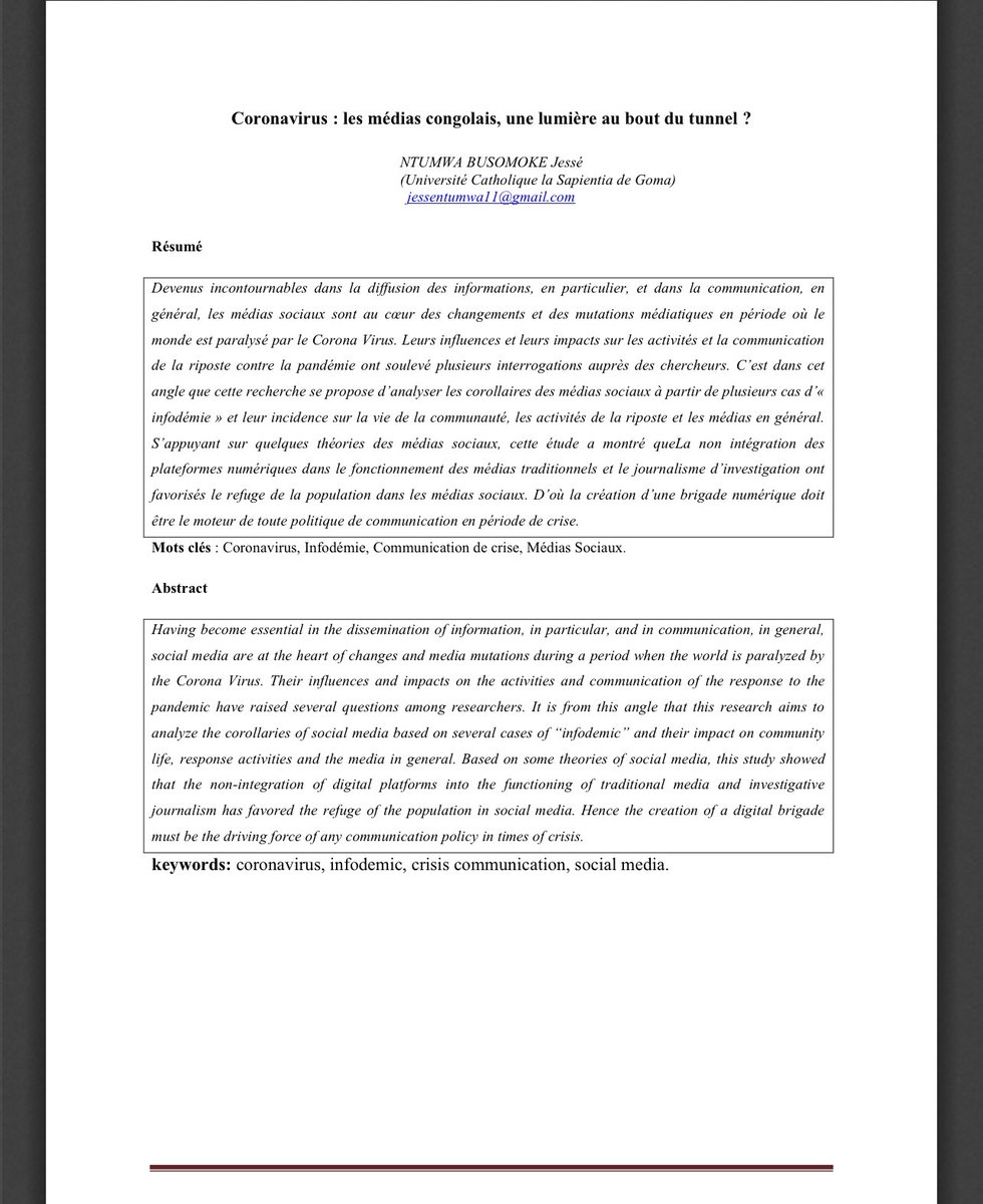 BusomokeJesse's tweet photo. #RDC: Au travers cet article paru à @unigom sur le rôle qu’ont joué les médias Congolais en période de #Coronavirus je reviens sur l’urgence d’une communication de crise intégrée avec le numérique dans notre pays.
Le lien est là👇🏽
https://t.co/U8kP5bv3gE https://t.co/hTC6JeZ7xo