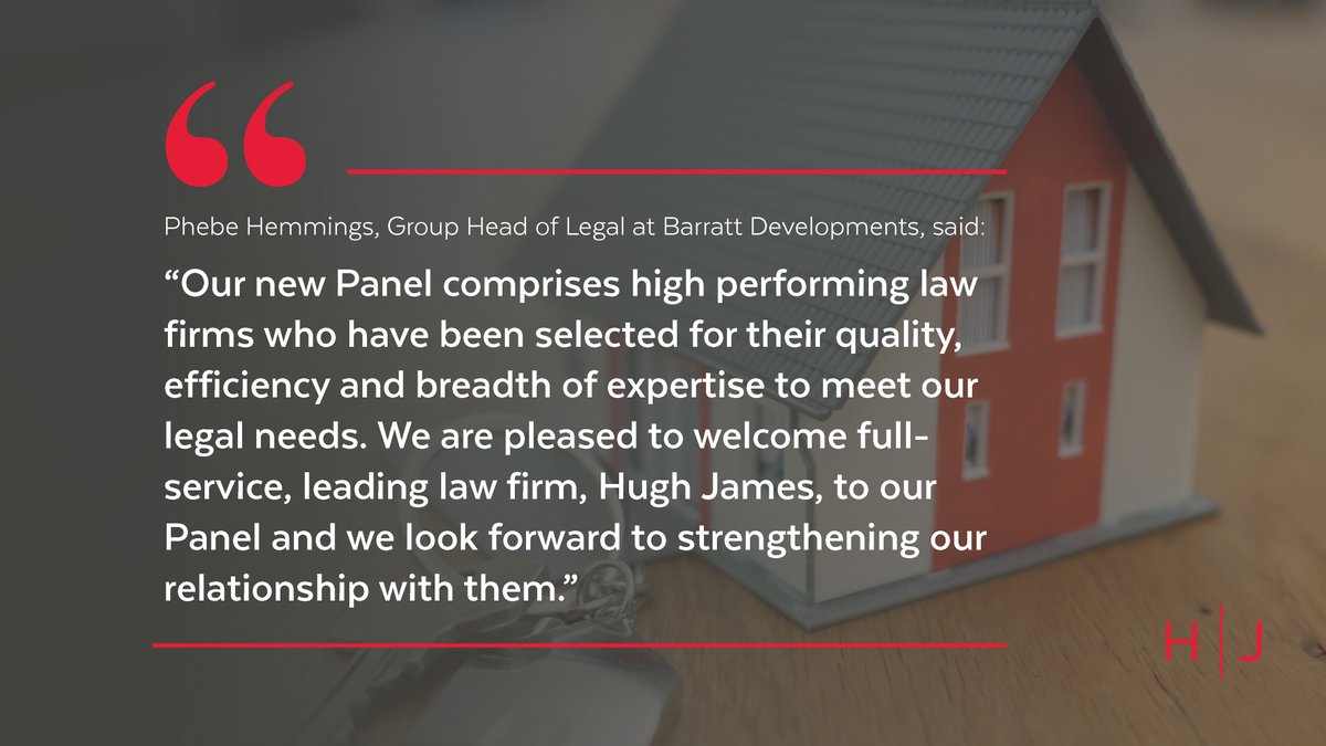 🏘️ We're pleased to announce that we've been selected to provide legal expertise to the nation's largest housebuilder.

Hugh James has been appointed to the legal services framework for the @Barrattplc panel for the next three years.

🔗 bit.ly/3sGqgXx