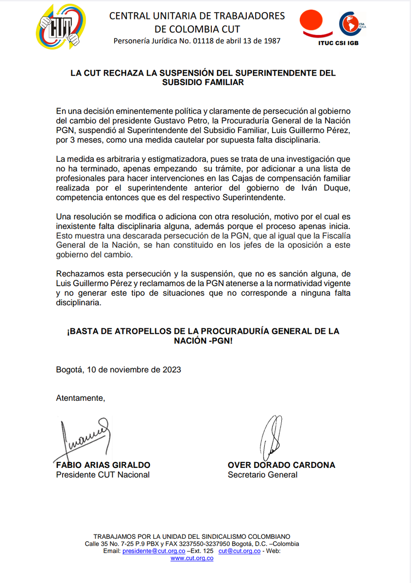 fabioariascut's tweet photo. Persecución política de la @PGN_COL contra el gobierno de @petrogustavo contra  @LuisGPerezCasas. https://t.co/Mh04Xc0fyz